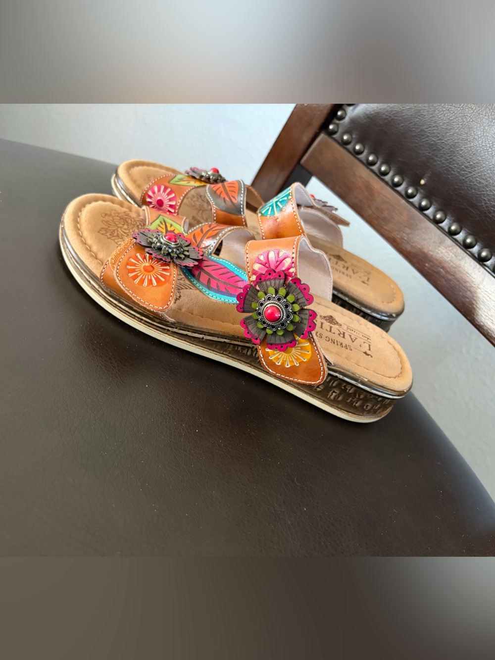 Colorful Floral Leather Slide Sandals - Orange Multicolor
